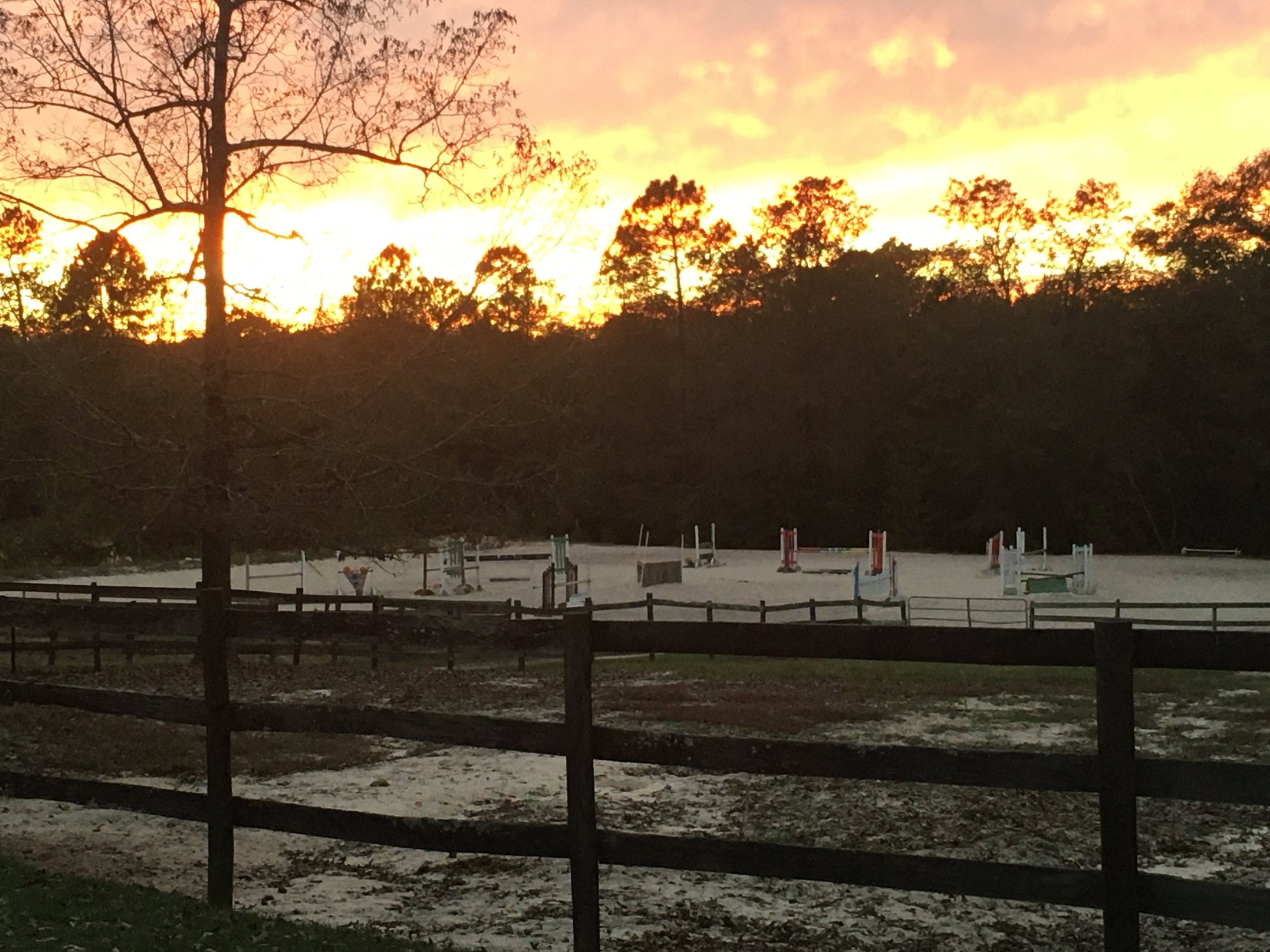 Golden sunset over the arena and fencing at Merry Go Round Farm
